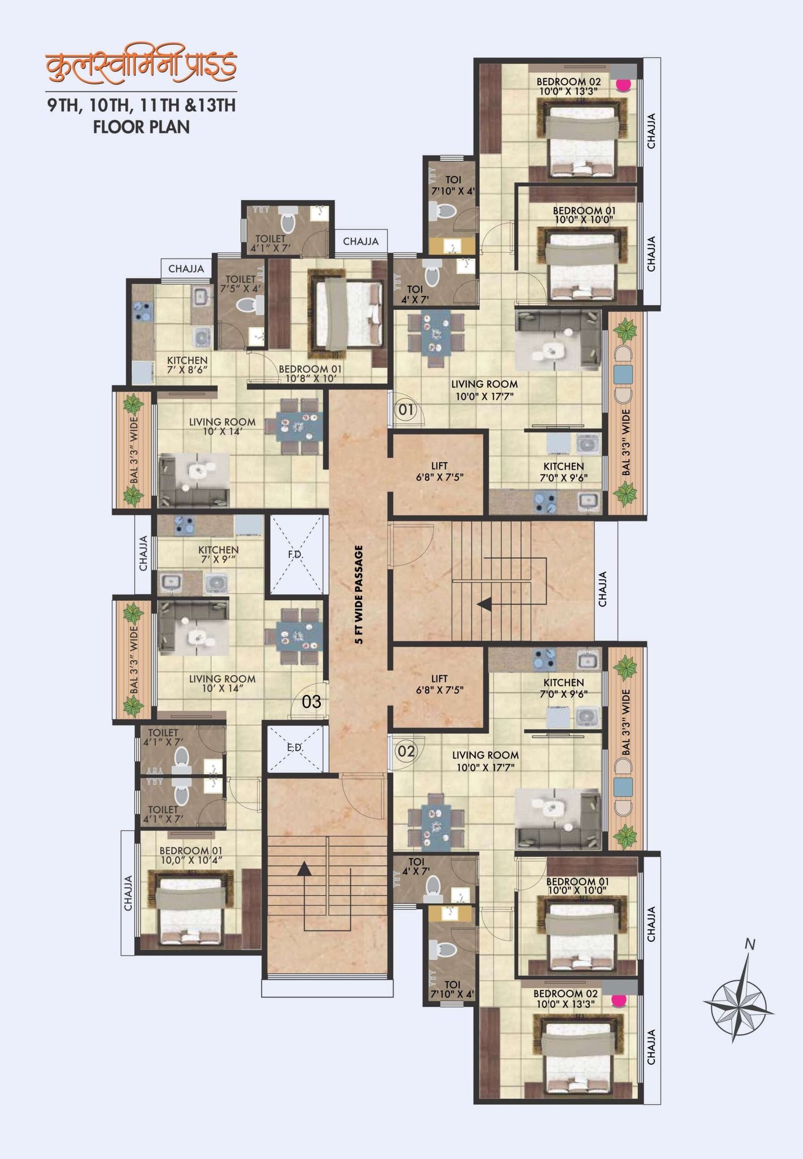 9th, 10th, 11th & 13th Floor Plan